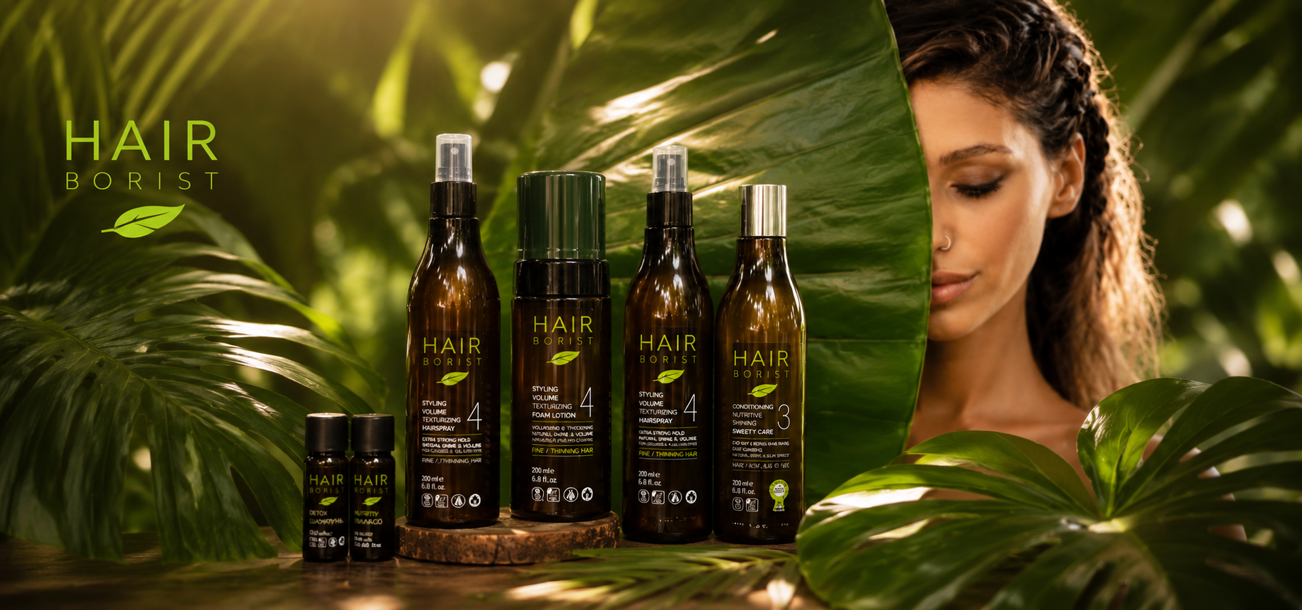 Produits capillaires Hair Borist avec feuilles tropicales et modèle beauté naturel