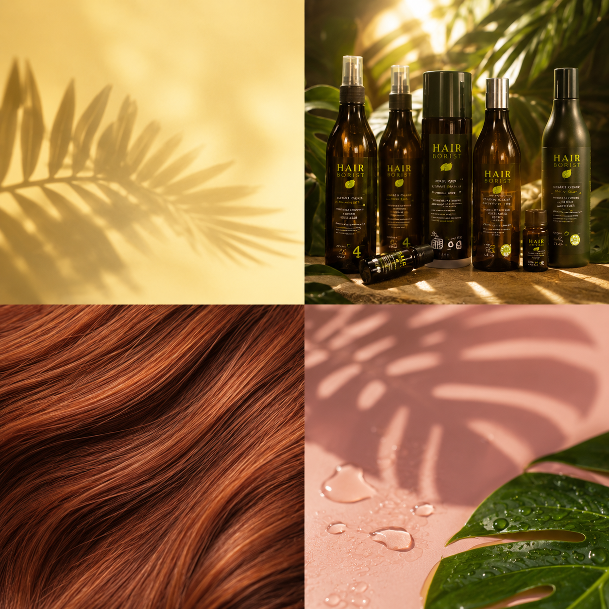 Produits capillaires naturels Hairborist avec feuilles tropicales et texture de cheveux brillants et sains