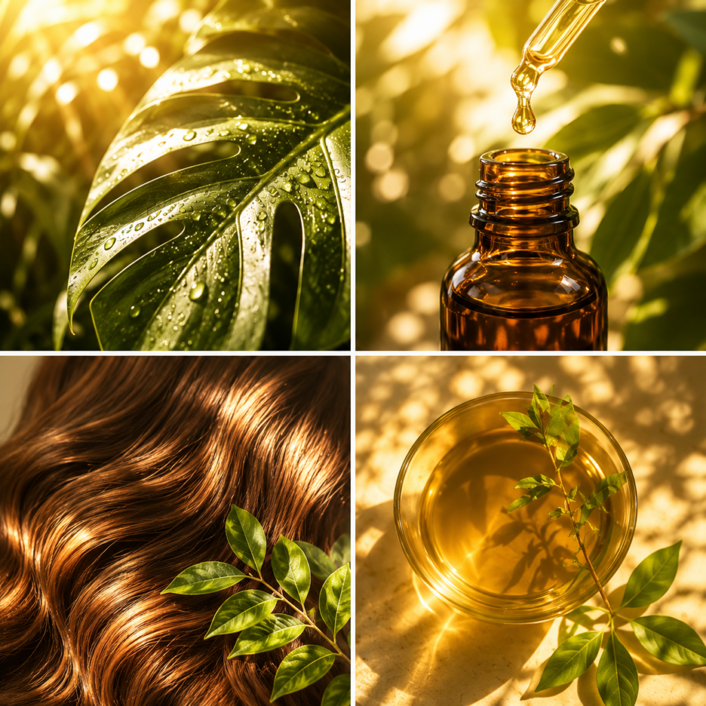 Collage botanique lumineux Hairborist avec cheveux brillants, huiles végétales et feuilles tropicales