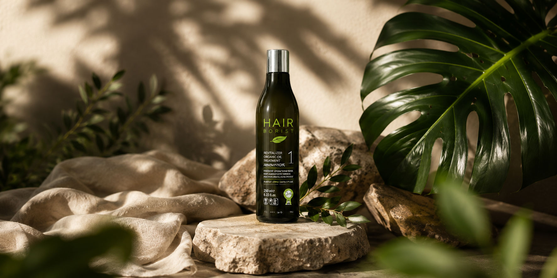 Soin capillaire botanique Hairborist Renovator avec feuilles tropicales et lumière naturelle